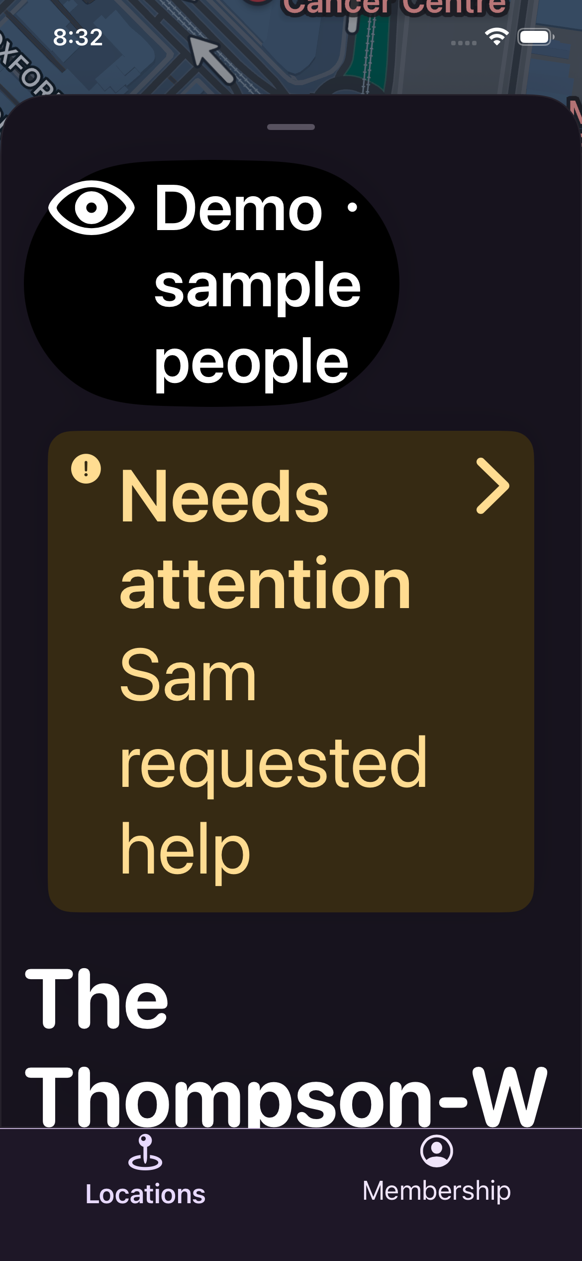 Actual AreUok demo screen showing a help request and needs attention
