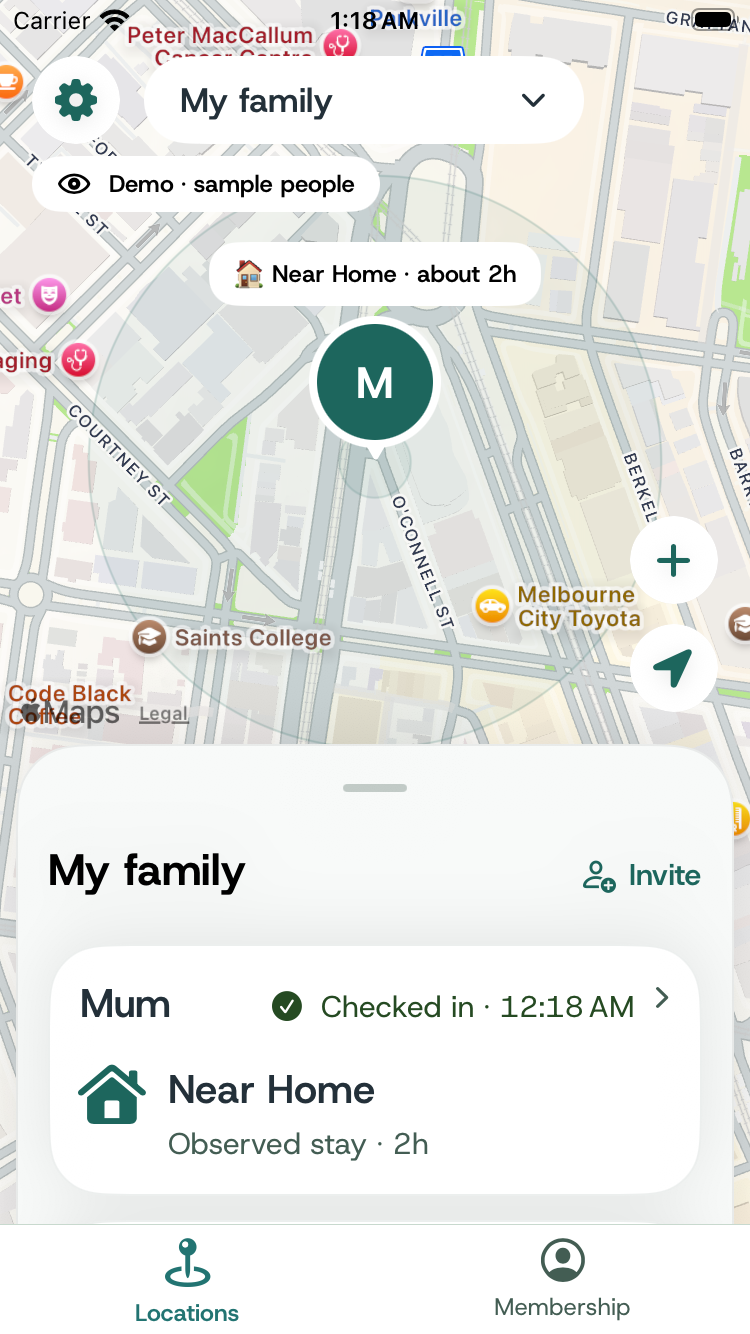Actual AreUok carer map with sample people and locations